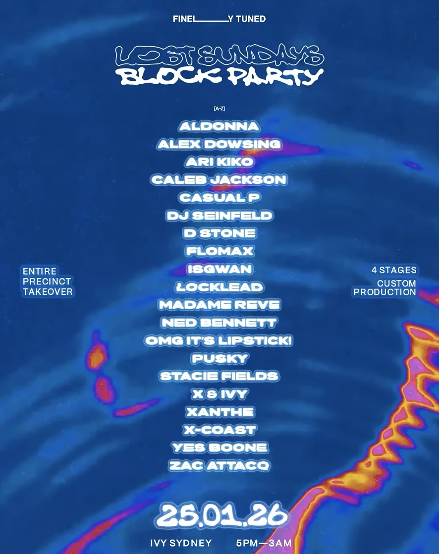 Lost Sundays Block Party Sydney January 2026 with DJ Seinfeld X-Coast Ned Bennett outdoor music festival crowd