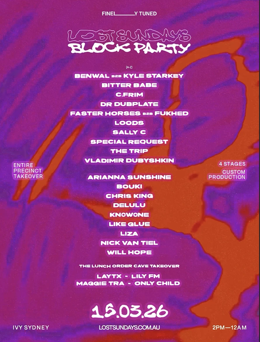 Lost Sundays Block Party Sydney March 2026 event poster featuring Benwal Kyle Starkey Sally C electronic music festival NSW Australia
