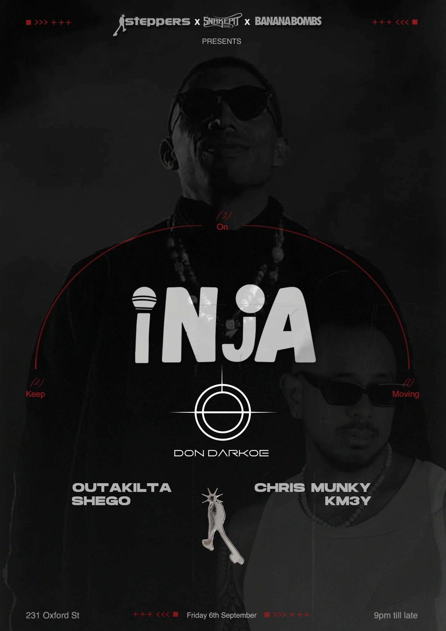 STEPPERS event poster featuring INJA (UK) and DON DARKOE (PER) in Sydney, presented by Snakepit Sounds & Banana Bombs.