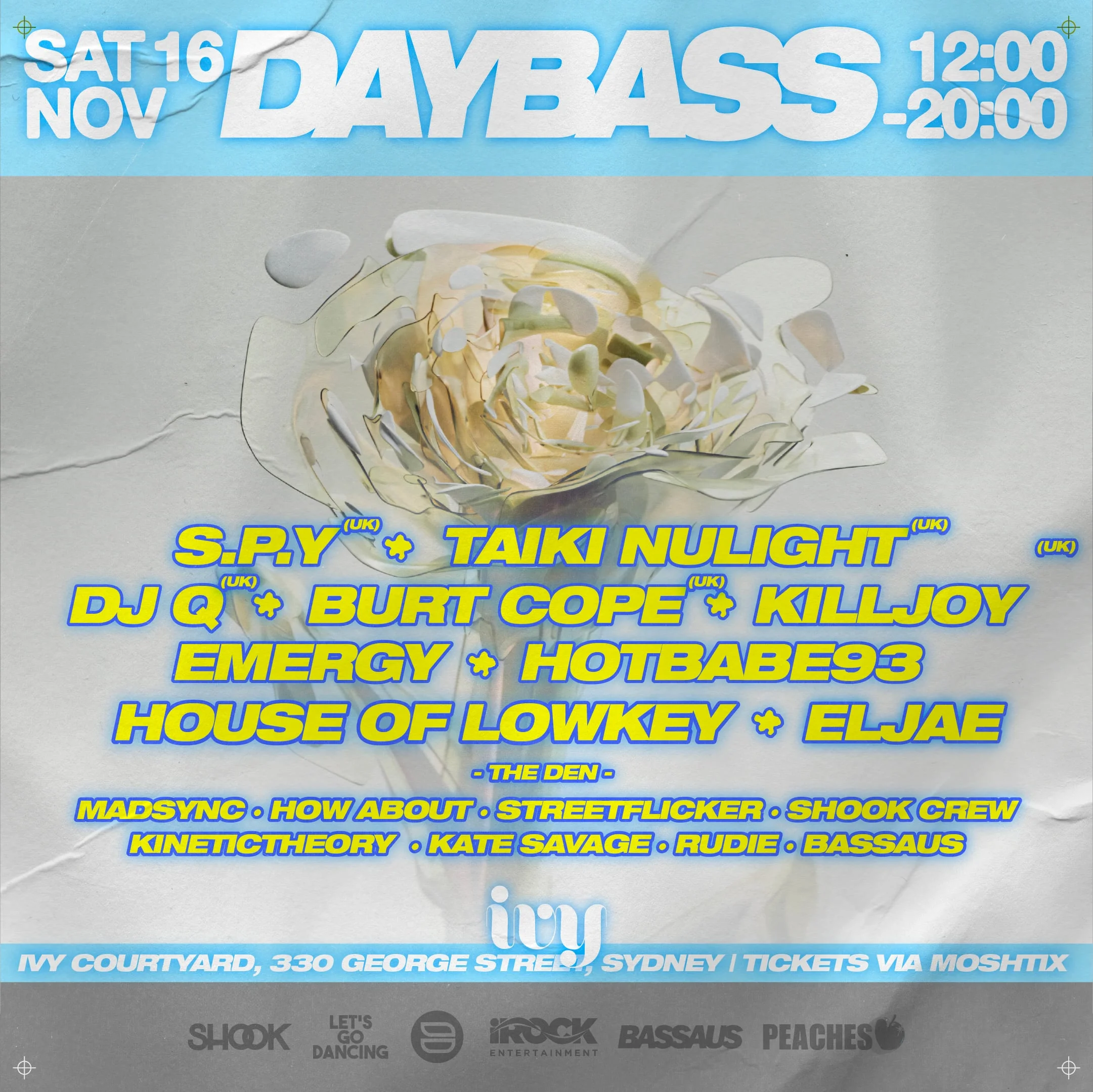 DAYBASS in Sydney with TAIKI NULIGHT, S.P.Y, DJ Q, BURT COPE, and KILLJOY performing at a packed venue.