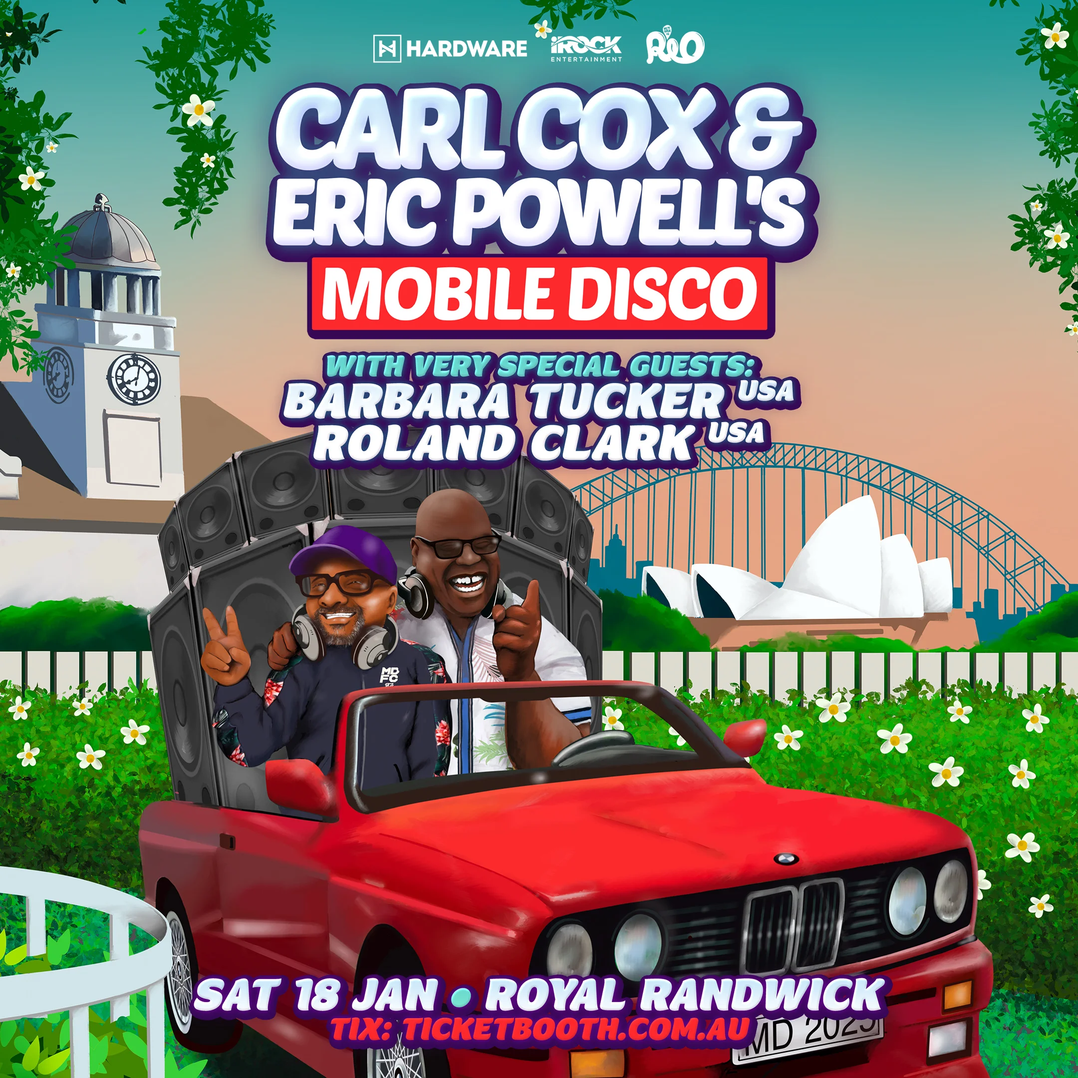 Carl Cox and Eric Powell performing live at Mobile Disco in Sydney, Australia, showcasing house and techno music.