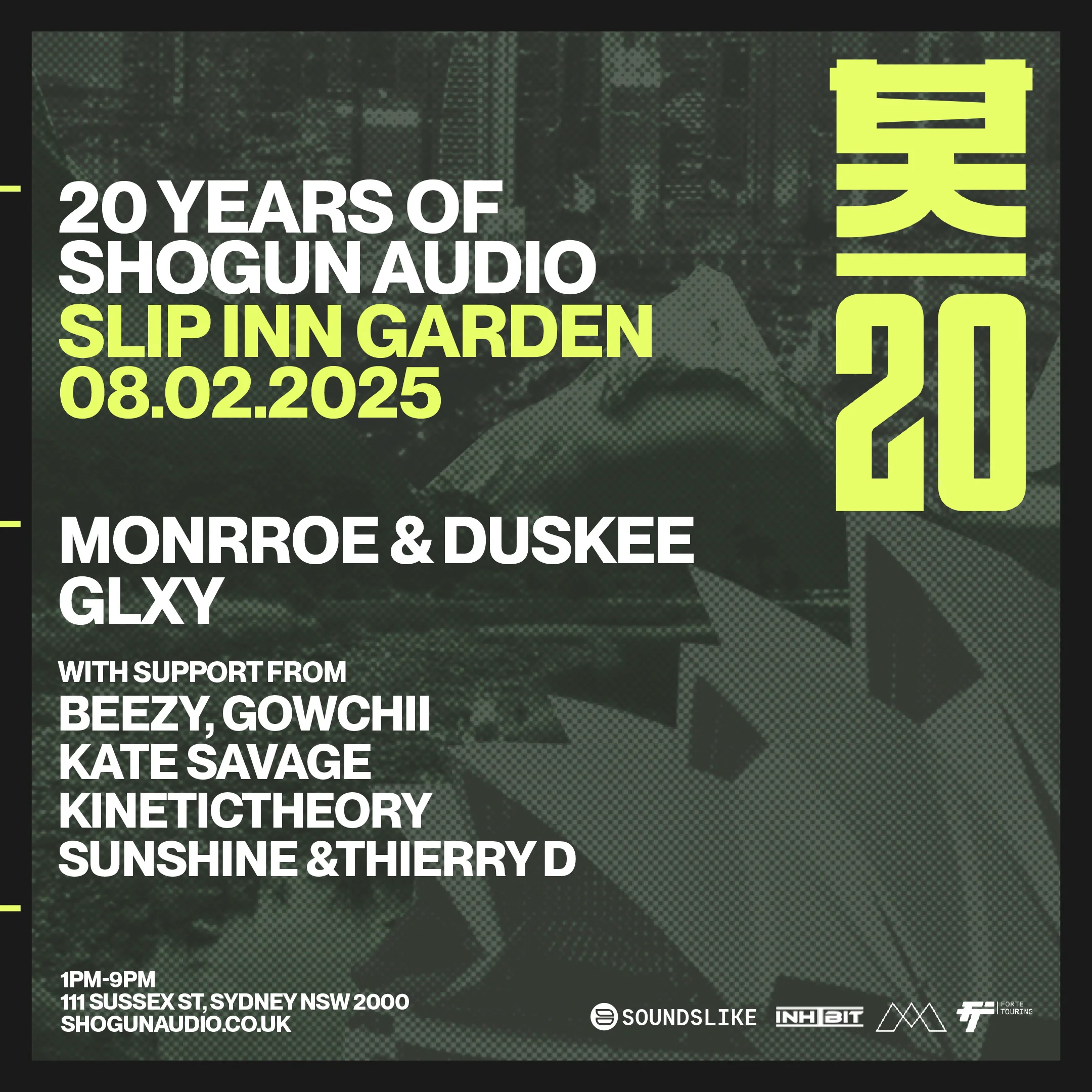 20 Years of Shogun Audio Sydney event featuring iconic drum & bass artists and a lively crowd at an unforgettable music celebration.