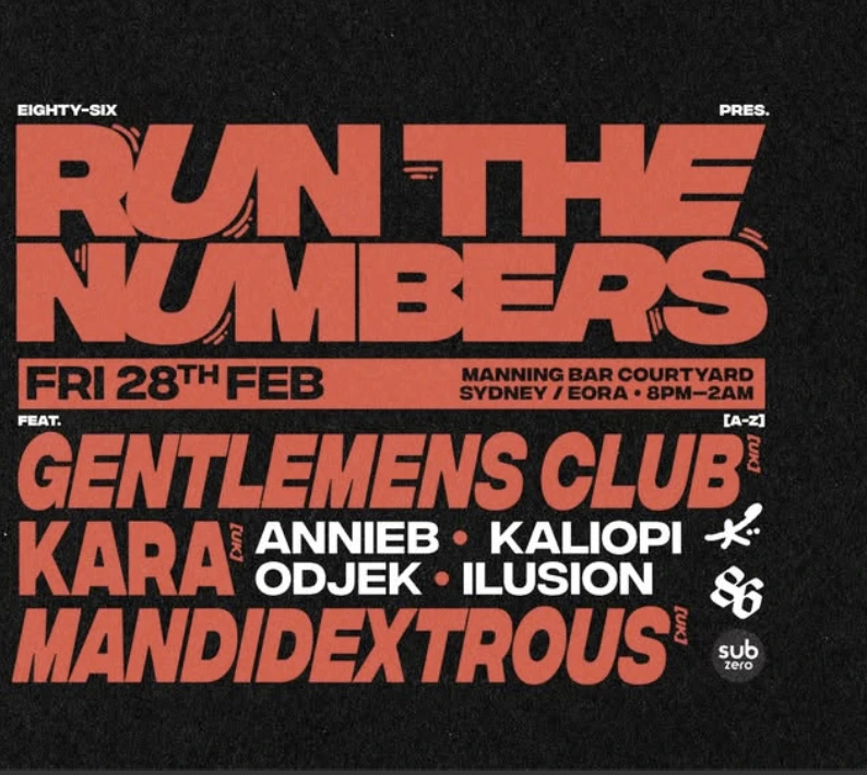 EIGHTY-SIX RTN003 event featuring Gentlemens Club, Mandidextrous, and Kara [UK] live in Sydney.