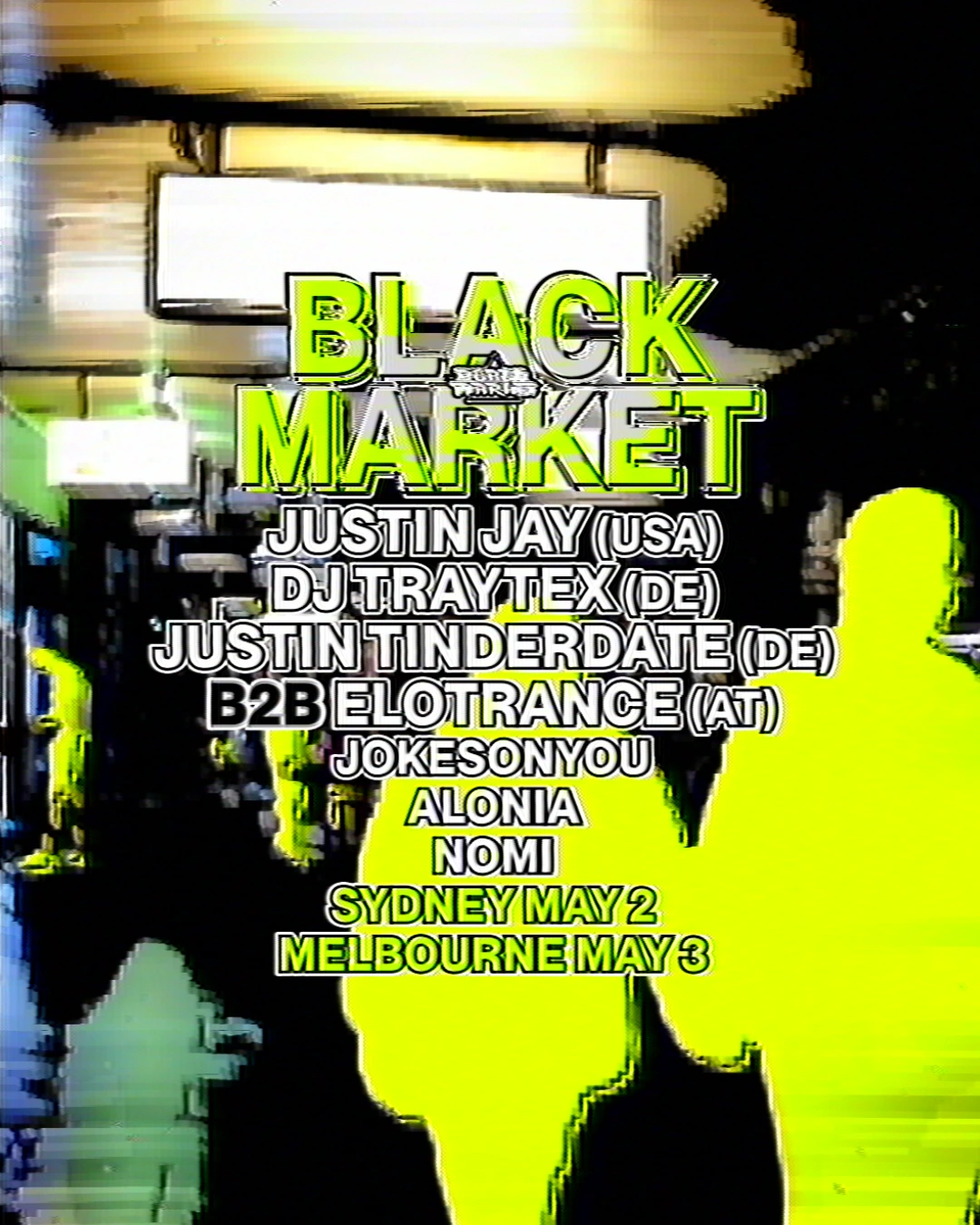 black-market-sydney-justin-jay-dj-traytex-2025 Justin Jay and DJ Traytex performing live at Black Market Sydney underground music event</p>
<p>