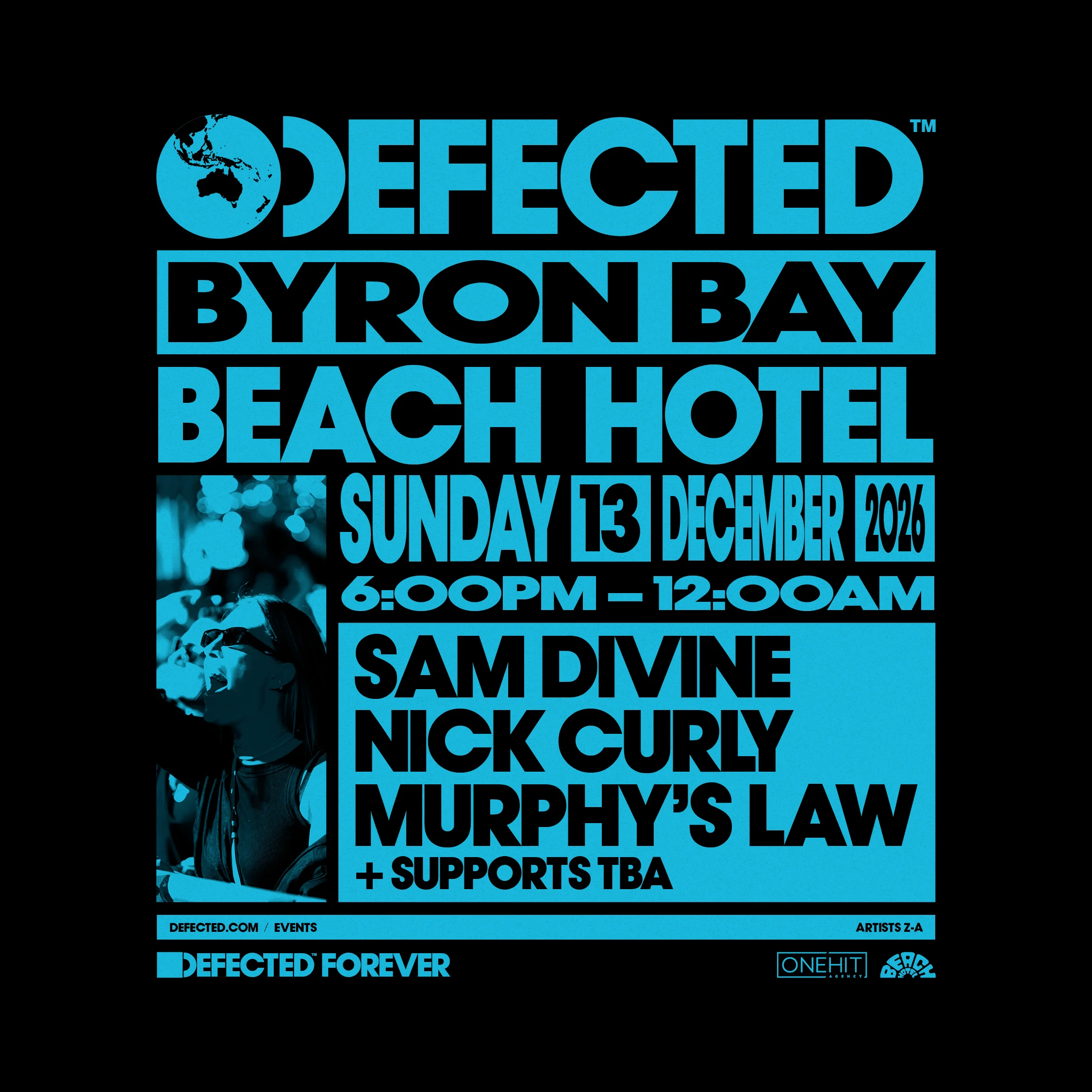Photo of Defected Records' first Byron Bay house music event at Beach Hotel — crowd under palms by the dunes, Sunday 13 December 2026