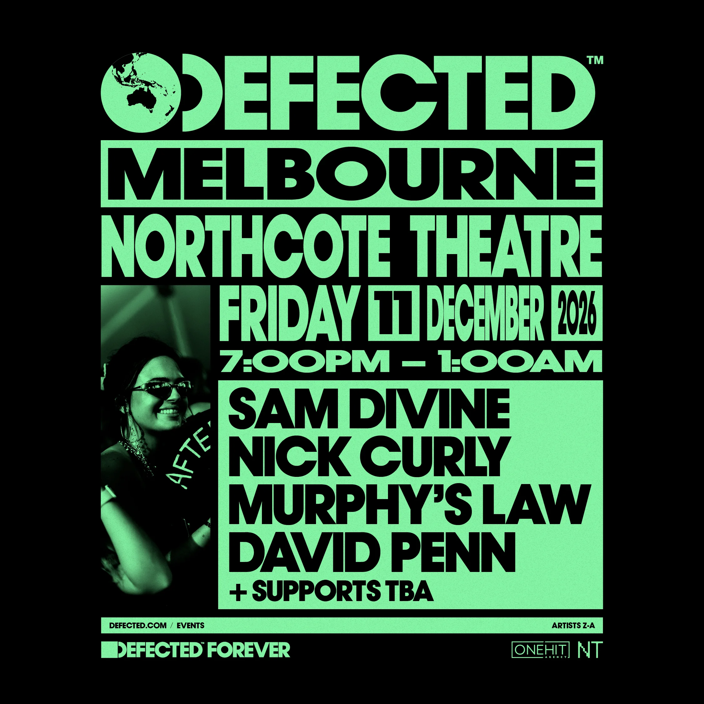 Photo of Defected Melbourne 2026 full lineup poster at Northcote Theatre, Melbourne Australia — Friday 11 December 2026